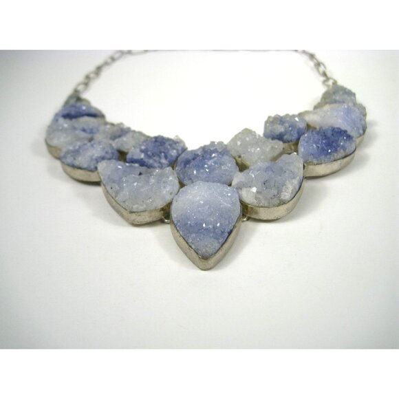 Druzy Quartz Sterling Silver 925 Statement Necklace Adjustable Chain Bib 23 inch - Picture 3 of 9
